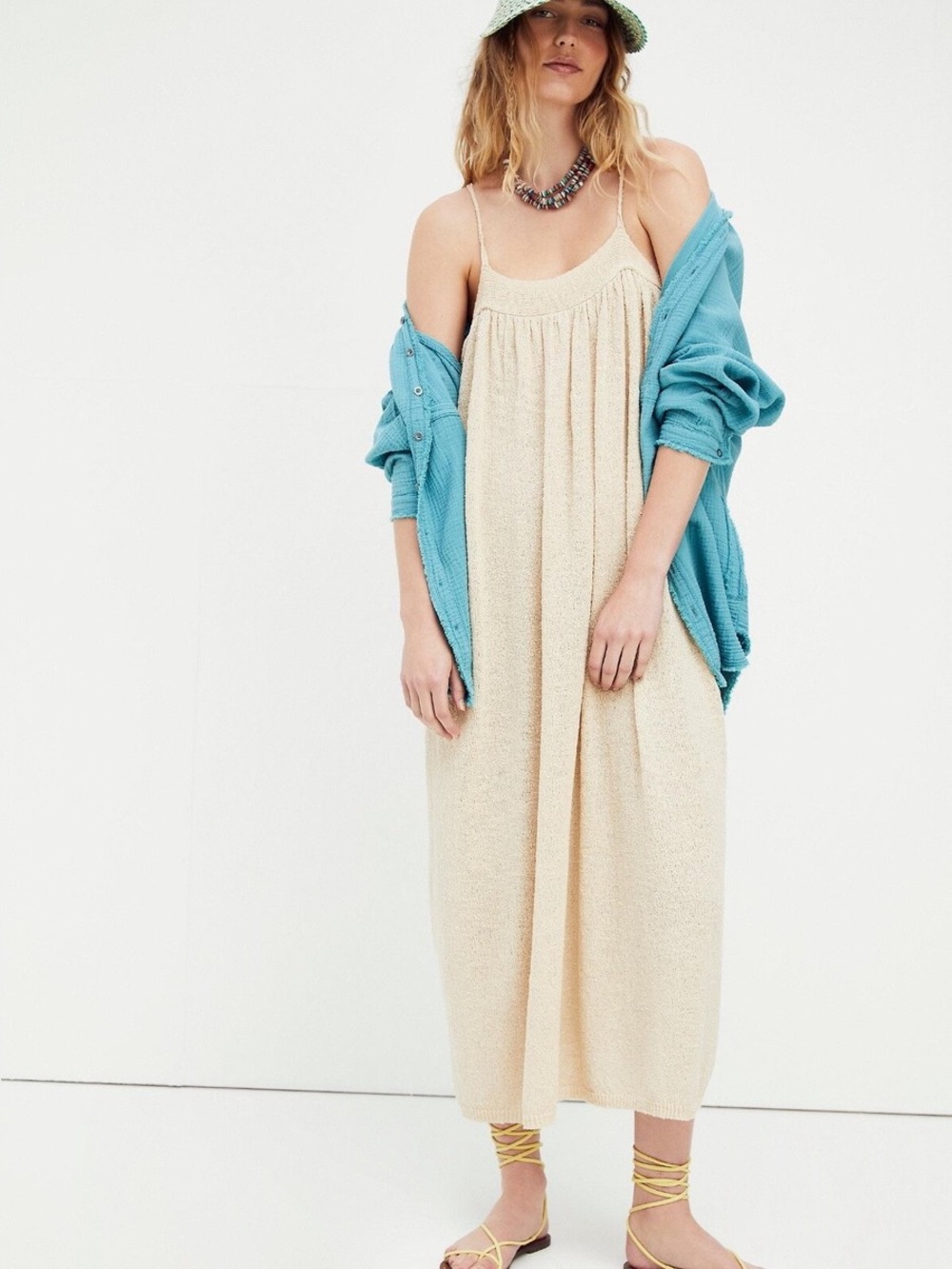 Free People Under The Stars Sweater Midi Maxi Dress Size Medium Tan Neutral FP